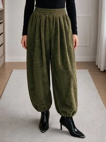 Easowa Women's Fall Winter Elastic High Waist Loose Long Pants Hiking Everyday Olive Green Casual - Army Green - View 3