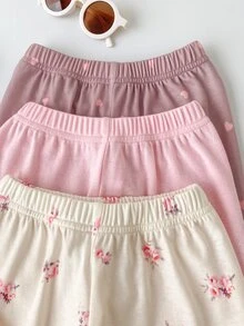 SHEIN Vintaside Kids 女嬰連身衣 2 件組 長袖花卉印花褲 日常穿著 卡其色與炭灰色 秋冬款 - 彩色 - 查看 3