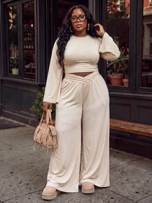 Slaydiva Beige 2 Pieces Set Plus Size Wide Leg Pants Outfit With Draped Batwing Sleeve Top And Criss-Cross Waist Design Wide Leg Long Pants Fall - Apricot - View 10