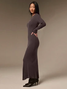 COSMINA فستان نسائي كاجوال أنيق بحافة غير متماثلة - بني مصدي - مشاهدة 4