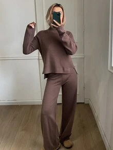 DAZY Autumn/Winter High Neck Coffee Color Solid Knit Loose Lazy Casual Home Wear Matching Wide Leg Pants Women's Sweater 2 Pieces Set - Brown - View 6