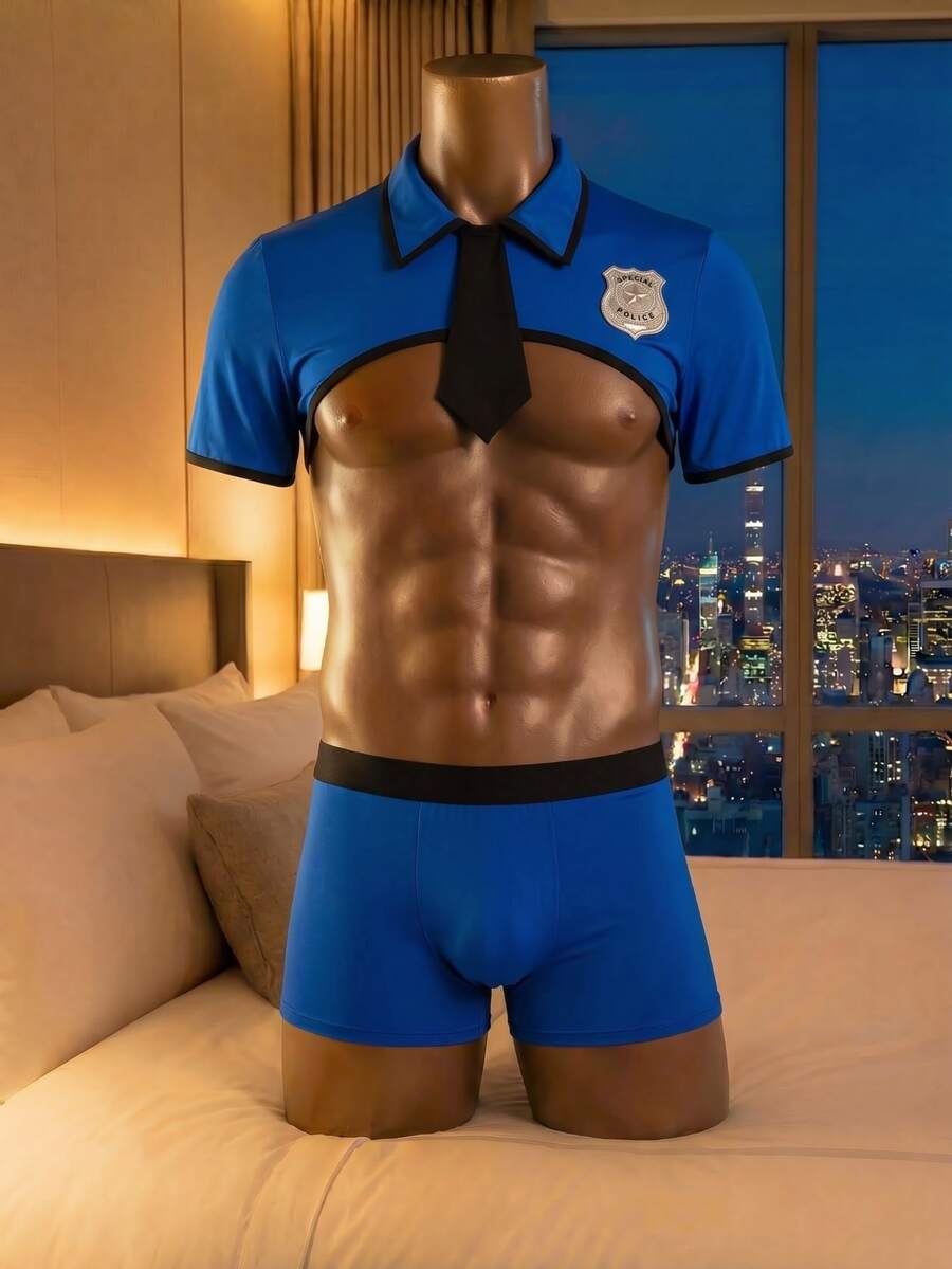 DrisQ DrisQ Bộ trang phục cosplay nam gồm áo ngắn tay dáng crop phối màu tương phản và quần short - Màu xanh lam - Xem 1