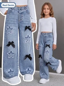Girls' Autumn Star Patch & Bow Decor Wide Leg Denim Jeans, Light Blue Washed Frayed Hem, Sweet Cool Personalized Loose Long Pants For School And Outings - Light Wash - View 3