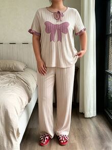 Napfluff CURVE Napfluff CURVE Plus Size Women's Casual Knit Jacquard Embroidered Tie-Front Loungewear Pajama Set - Apricot - View 6
