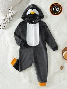 Boys Grey & White Double-Sided Flannel Colorblock Penguin Embroidered Long Sleeve Long Hooded Fleece Jumpsuit Loungewear Set - Dark Grey - View 4