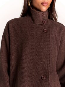 SHEIN BAE Mantel Wanita Polos Kerah Tinggi Kancing Dekorasi Saku Ganda Longgar Kasual Modis - Mocha Brown - View 6