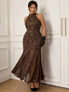 EastFlair Plus Size Women's Lace Brown Chinese Style Elegant Evening Dress - Brown - View 4