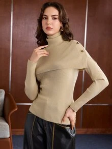 Anewsta Essential Setelan Rajut Bergaris 2 Potong Wanita dengan Kerah Tinggi, Desain Kancing Kerah Syal yang Dapat Dilepas, Sweater Lapisan Dasar Lengan Panjang Pas Badan, Atasan Dalaman Elegan untuk Musim Gugur/Dingin - Khaki - View 4