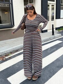 Muchica Plus Size Women's Button Design Striped Long Sleeve T-Shirt And Wide Leg Pants Casual 2 Pieces Set - Multicolor - View 4