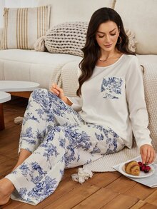 Serenescape Vacation Style Printed Long Sleeve Set, Spring/Autumn Thin Crew Neck Casual Loose Loungewear - White - View 1