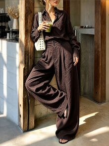 SHEIN Old Money 風格亞麻質感襯衫與寬腿褲套裝，女款軍綠色高腰顯瘦慵懶兩件式穿搭 - 棕色 - 查看 4