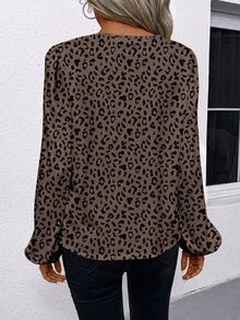 SHEIN LUNE Simple Solid Color V-Neck Lantern Sleeve Casual Blouse For Women, Suitable For Spring & Fall - Multicolor - View 2
