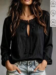 LUMIGAL Women's Keyhole Neckline Lace Patchwork Bowknot Casual Fashion Long Sleeve Blouse - Black - View 3