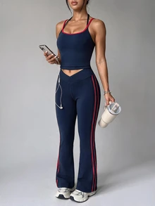 Dewbera Dewbera Women's High Elasticity Colorblock 2 Pieces Sports Set, 2 In 1 Yoga Workout Running - Navy Blue - View 2