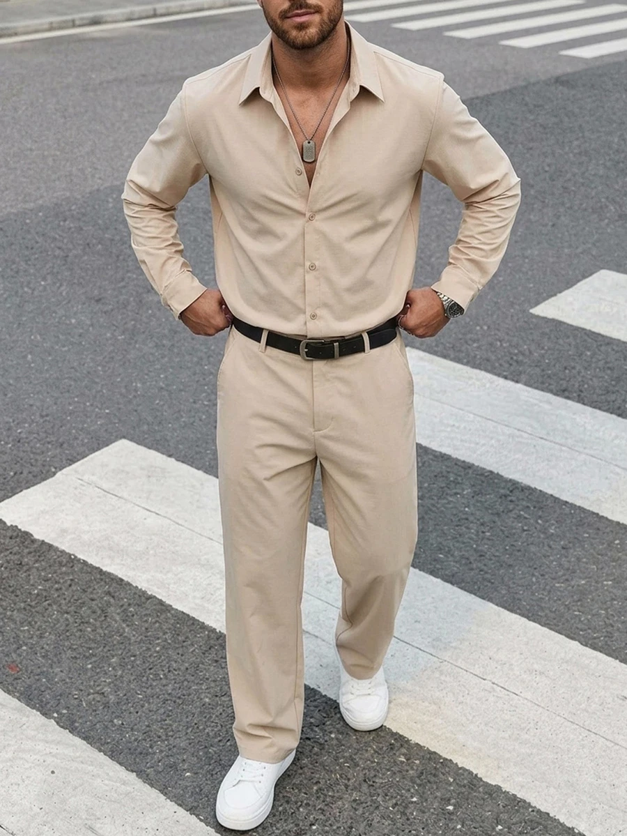 SHEIN X Scheana DAZY Men's Plaid Texture Shirt & Elastic Waist Long Pants 2 Pieces Set - Khaki - View 1