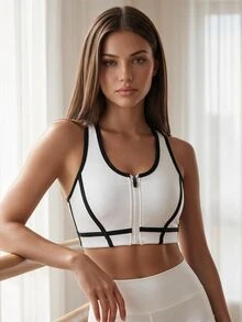 Eassivo Eassivo Sporty Fashion Black & White Bra With Detachable Zipper And Removable Pads, Racerback With Split Line Design, Casual High Support Sports Bra - Black and White - View 3