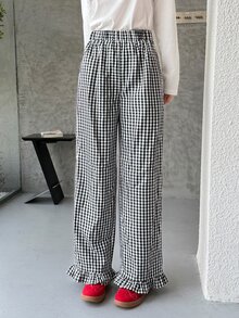 K-Vae Women's Korean Style Black & White Plaid Drape Ruffle Hem Casual Wide Leg Pants - Black and White - View 2
