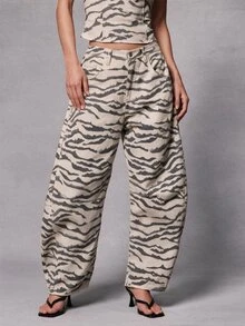 Hauture Quần jean denim ống rộng suông kẻ sọc thời trang nữ - Đen và trắng - Xem 5