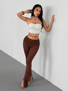 SHEIN ICON Women's Elastic High Waist Fleece Long Pants - Brown - View 5