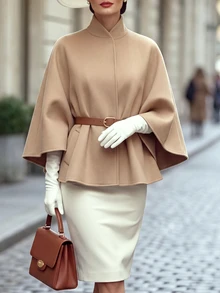 Balvessa Women's Solid Color Batwing Long Sleeve Casual Overcoat, Autumn/Winter - Khaki - View 5