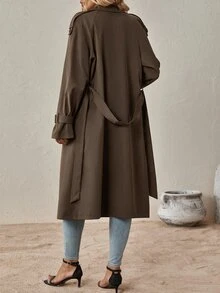 SHEIN Clasi 秋冬款落肩袖雙排扣繫腰風衣 - 咖啡棕 - 查看 2