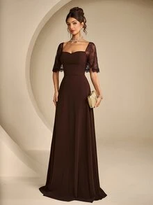 Coutiva Women's Lace Patchwork Elegant Waist-Cinching Formal Prom Graduation Evening Gown Dress Brown Fall - Coffee Brown - View 10
