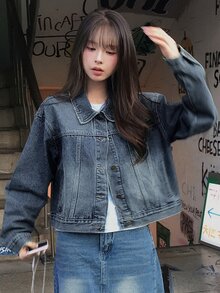 DAZY Women's Distressed Washed Bleached Split Loose Long Sleeve Collared Casual Street Vacation Spring Autumn Denim Jacket And Outerwear - Blue - View 5
