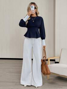 Easowa Casual Relaxed Elegant Commute Women's Shirt, Traceable Cotton Colorblock Patchwork Waist-Cinching Ruffle Hem Blouse - Blue - View 3