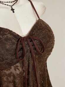 SHEIN ICON Plus Size Drawstring Bow Tie Cami Tank Top, Asymmetrical Hem, Y2K Style, Suitable For Summer, Graduation Season, Back To School - Brown - View 9