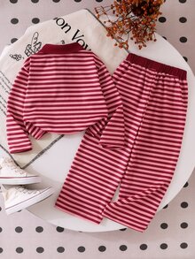 SHEIN Elladie kids 女童棕色領口長袖上衣 + 鬆緊腰長褲套裝，柔軟休閒兒童兩件套服裝，適合周歲、7歲生日、秋季 - 酒紅色 - 查看 3