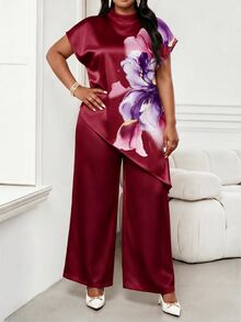 SHEIN Lady Plus Size Women Floral Print Stand Collar Asymmetrical Hem Elegant Blouse - Burgundy - View 4