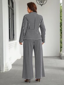 Chikora Plus Size Women's Houndstooth Lapel Neck Long Sleeve Jacket And Wide Leg Pants Elegant Suit Set - Blue - View 2