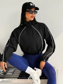 SHEIN Dewbera Women's Colorblock Stand Collar Short Fashion Casual Sports Jacket - Black - View 3