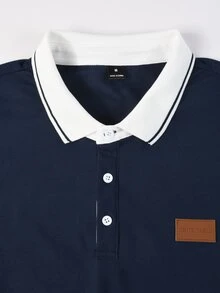 Manfinity Mode 男士對比領長袖 Polo 衫，春秋通勤上衣，深色奢華皮革貼飾，商務休閒極簡百搭套頭底層衫 - 寶藍色 - 查看 5