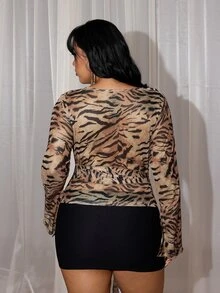Rustia Spring/Autumn New Mesh Leopard Print Slim Fit Flattering Long Sleeve Cowl Neck Plus Size Top, Suitable For Daily Wear And Gatherings - Multicolor - View 2