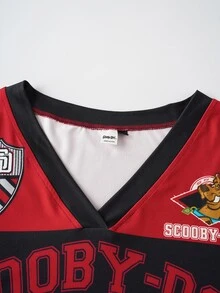SCOOBY-DOO X SHEIN 女款V領卡通圖案印花T恤，都市復興街頭風，休閒時尚創意個性街頭服飾，秋季上衣 - 黑色 - 查看 3