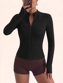 Sovereign Charm Women's Solid Color Stand Collar Zipper Waist-Cinching Slimming Daily Versatile Sports Jacket - Black - View 4