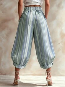 SHEIN 女款復古粉色條紋波希米亞風寬腿褲，休閒長褲，適合度假、日常通勤與派對 - 彩色 - 查看 2
