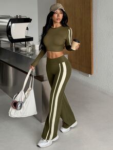 Muchica Women's Olive Green High Neck Long Sleeve Crop Top & Side Stripe Leggings Sports Set Gym Set Workout Set Sportswear Activewear Push Up Booty Lift Fall - Olive Green - View 5