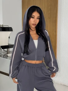 Muchica Women's Hooded Zip Up Reflective Stripe Wide Leg Sports Set Gym Set Workout Set 2 Piece Set Tracksuit Outfit Set Sportswear Activewear Fitness Fall - Dark Grey - View 1