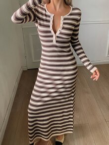 DAZY Women's Button Half-Placket Striped Colorblock Sweater Dress - Brown - View 4