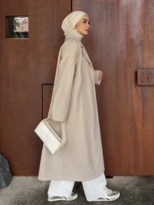 DAZY معطف طويل فضفاض بلون الجمل للخريف/الشتاء، أنيق بسيط وراقي للتنقل اليومي للنساء من الصوف - لون مشمشي - مشاهدة 5