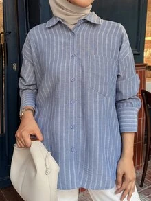 DAZY Women's Casual Striped Single-Breasted Long Sleeve Shirt - Blue - View 6