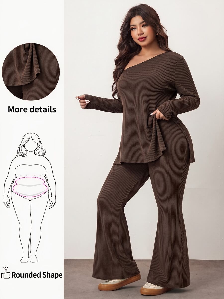 Enliva طقم ملابس مقاس كبير من ملابس علوية بأكمام طويلة وكتف واحد من قماش محبوك مضلع وبنطال واسع - بني - مشاهدة 1