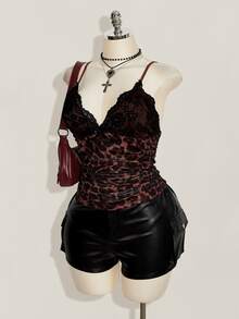 SHEIN ICON 女款大尺碼蕾絲拼接豹紋細肩帶背心上衣 - 摩卡棕 - 查看 6