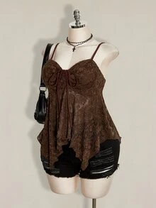 SHEIN ICON Plus Size Drawstring Bow Tie Cami Tank Top, Asymmetrical Hem, Y2K Style, Suitable For Summer, Graduation Season, Back To School - Brown - View 4