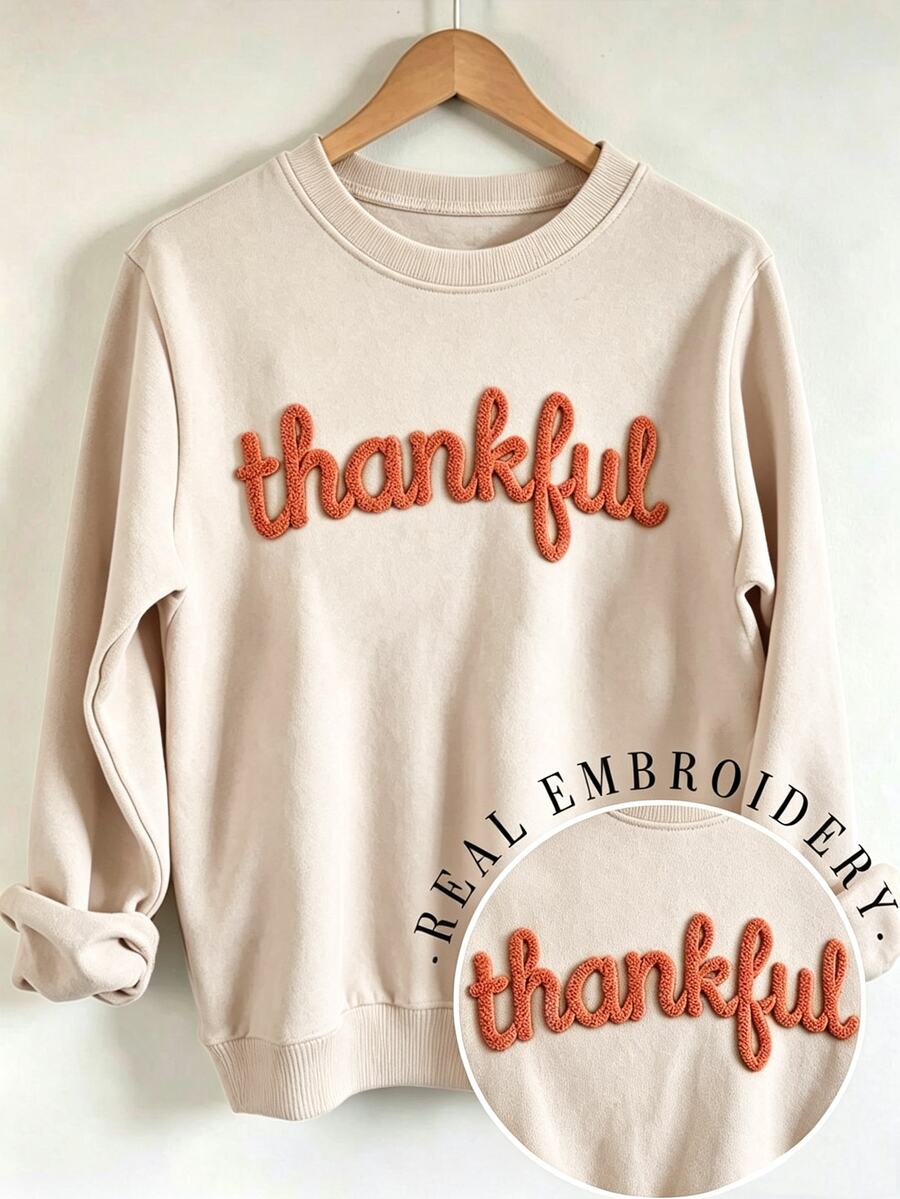 EMERY ROSE Autumn Thanksgiving Embroidery Drop Shoulder Casual Sweatshirt, Thanksgiving Embroidery Sportwear Fall - Apricot - View 1