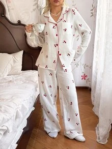 CottageSlumber Women's 100% Cotton Embroidered Cherry Print Open Front White Pajama Set - White - View 7