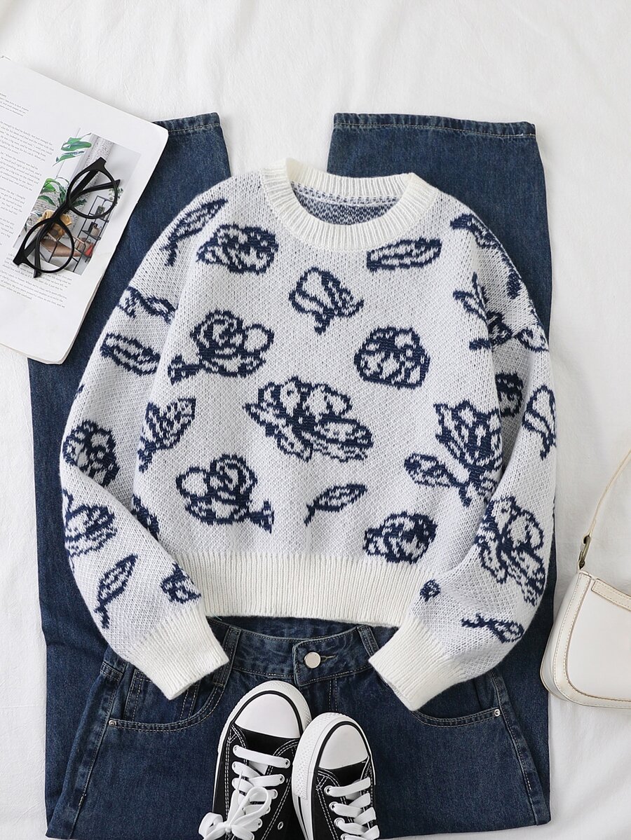 SHEIN Genkimix Kids 女童時尚休閒甜美櫻桃圖案套頭毛衣 - 白色 - 查看 1