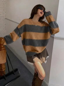 DAZY 條紋寬鬆長袖圓領女款毛衣 - 灰色 - 查看 4